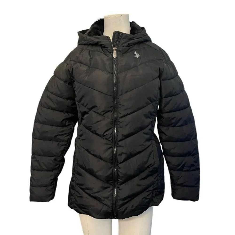 Womens Small Basic Puffer Jacket Warm Lightweight Black Faux Fur Lined Hooded